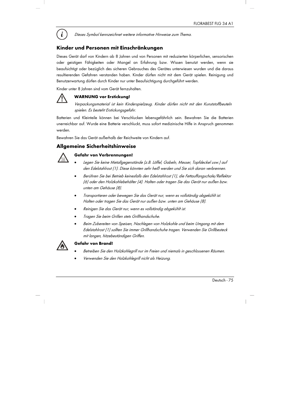 Kinder und personen mit einschränkungen, Allgemeine sicherheitshinweise | Florabest FLG 34 A1 User Manual | Page 77 / 87