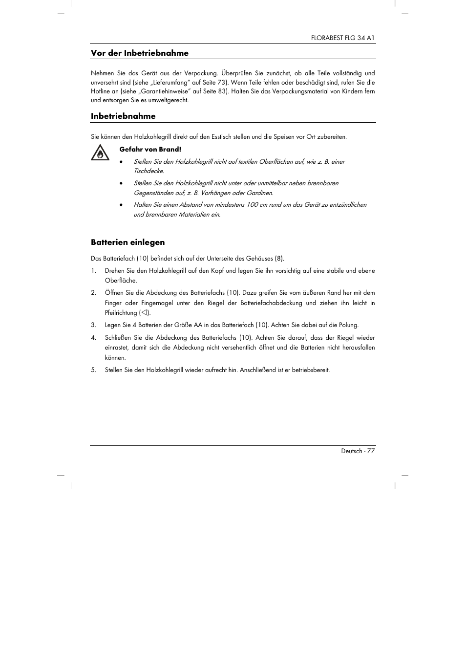 Vor der inbetriebnahme, Inbetriebnahme, Batterien einlegen | Florabest FLG 34 A1 User Manual | Page 79 / 87