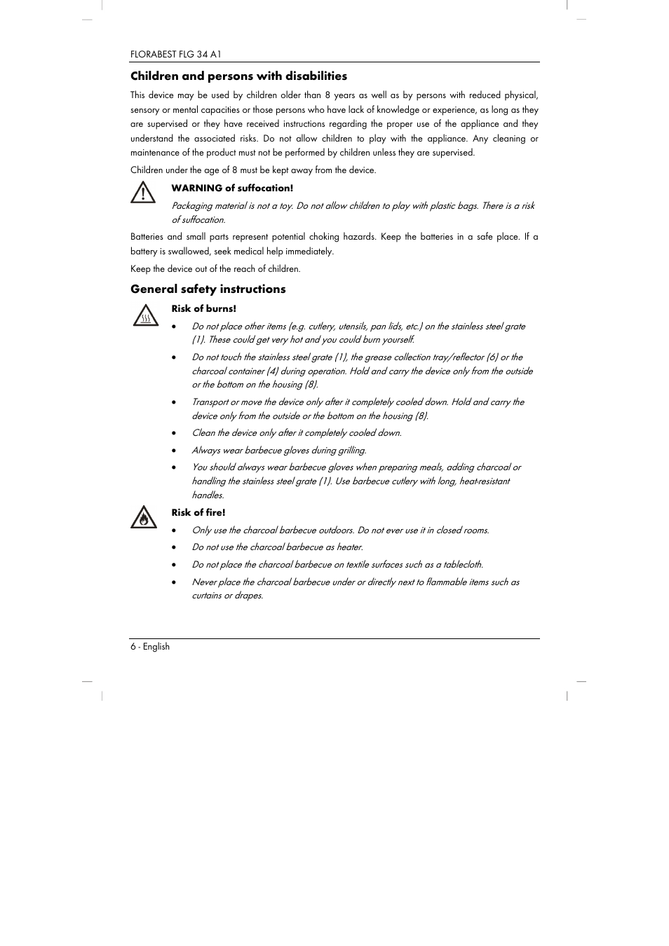 Children and persons with disabilities, General safety instructions | Florabest FLG 34 A1 User Manual | Page 8 / 87