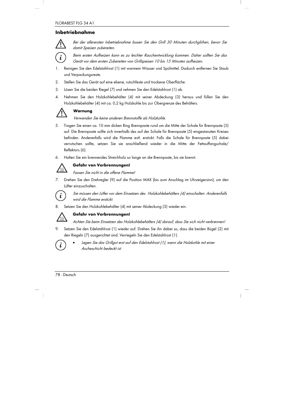 Inbetriebnahme | Florabest FLG 34 A1 User Manual | Page 80 / 87