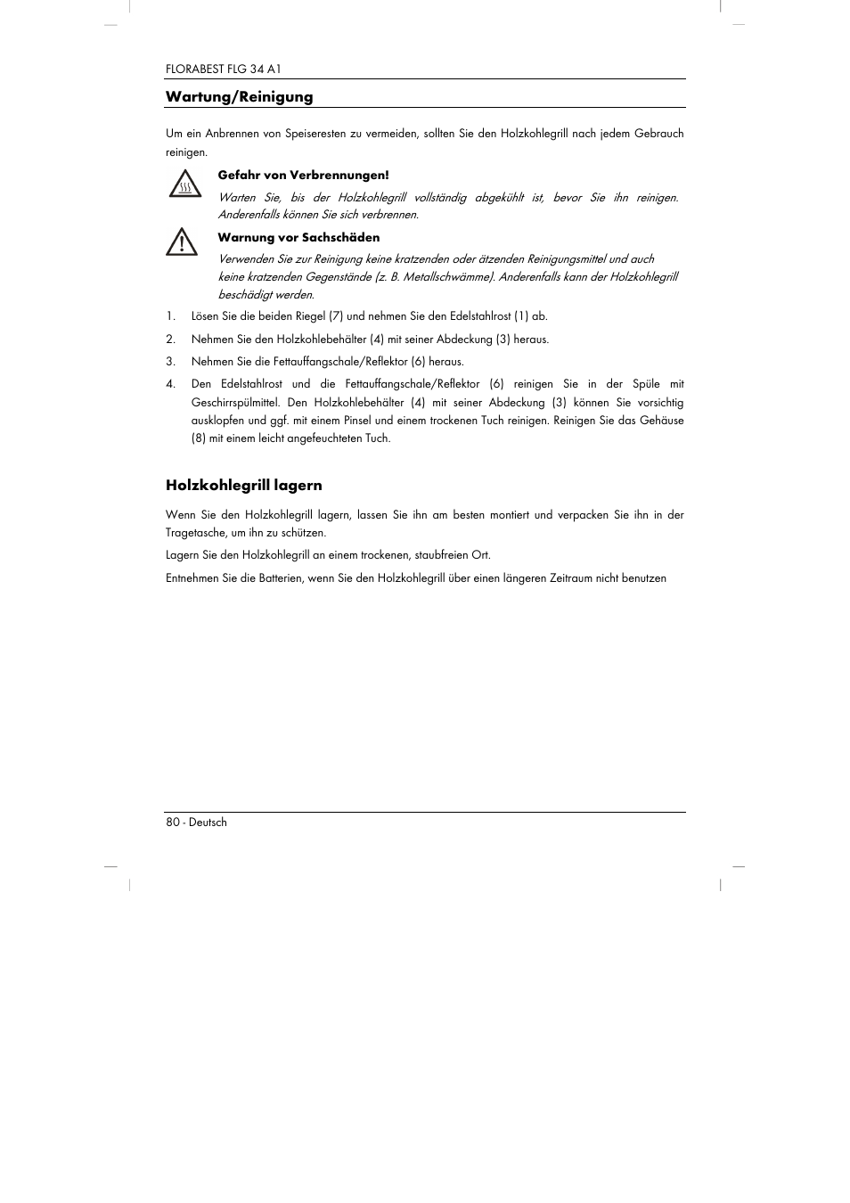 Wartung/reinigung, Holzkohlegrill lagern | Florabest FLG 34 A1 User Manual | Page 82 / 87