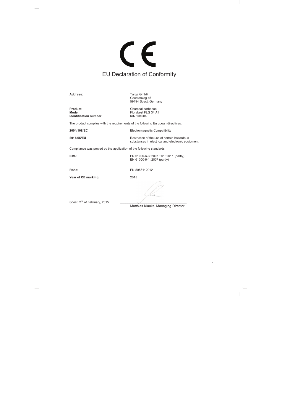 Decla, Aration, Of con | Nformit | Florabest FLG 34 A1 User Manual | Page 87 / 87