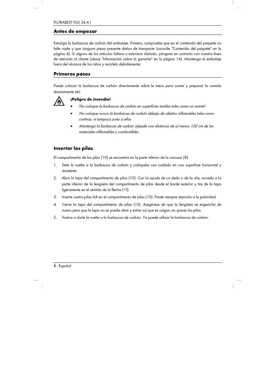 Antes de empezar, Primeros pasos, Insertar las pilas | Florabest FLG 34 A1 User Manual | Page 10 / 61