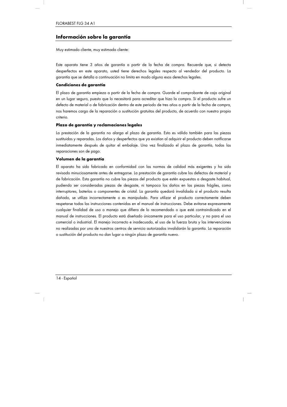 Información sobre la garantía | Florabest FLG 34 A1 User Manual | Page 16 / 61