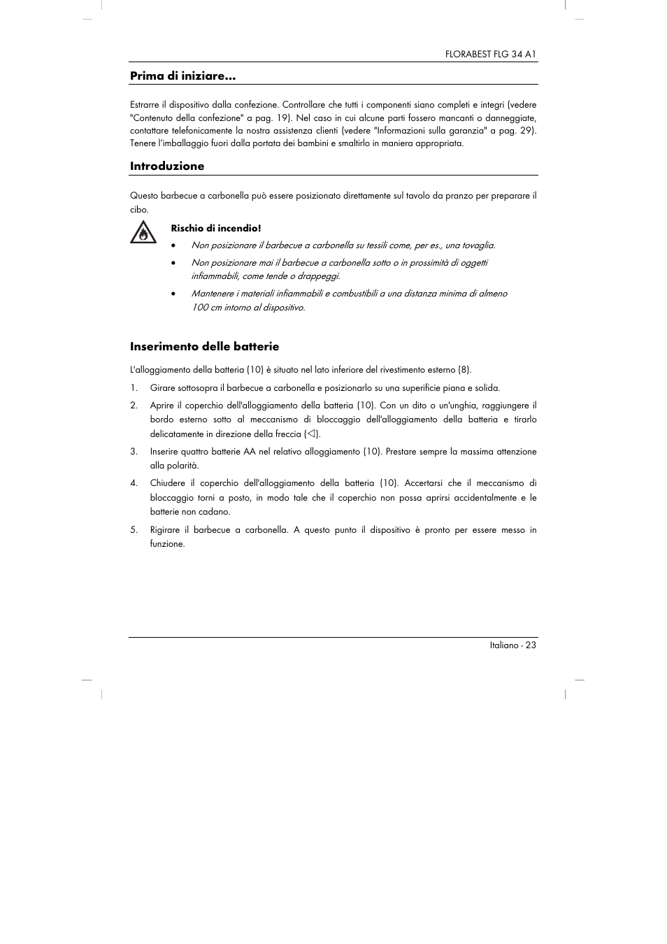 Prima di iniziare, Introduzione, Inserimento delle batterie | Florabest FLG 34 A1 User Manual | Page 25 / 61