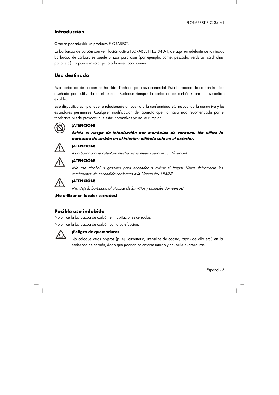 Introducción, Uso destinado, Posible uso indebido | Florabest FLG 34 A1 User Manual | Page 5 / 61