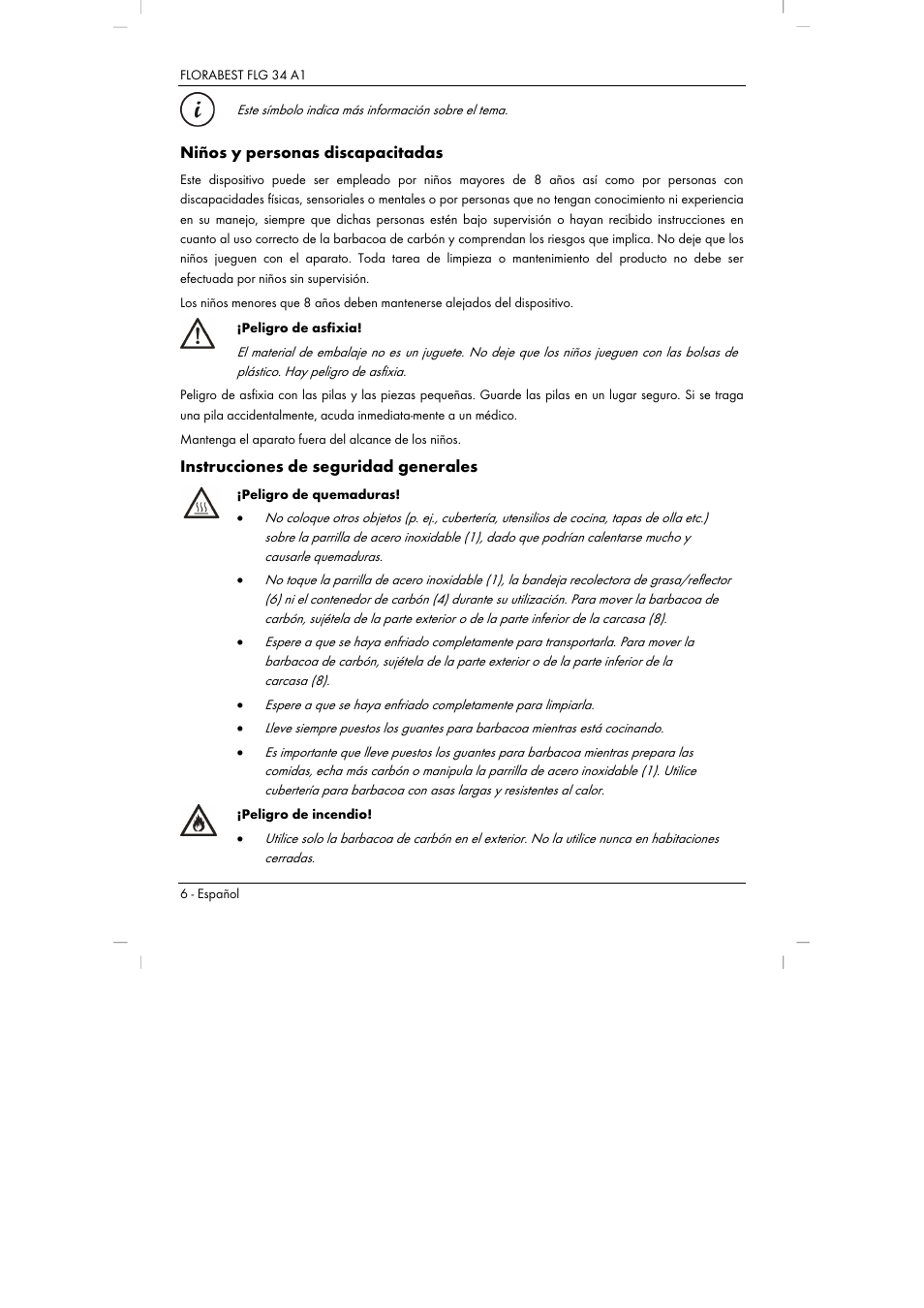 Niños y personas discapacitadas, Instrucciones de seguridad generales | Florabest FLG 34 A1 User Manual | Page 8 / 61