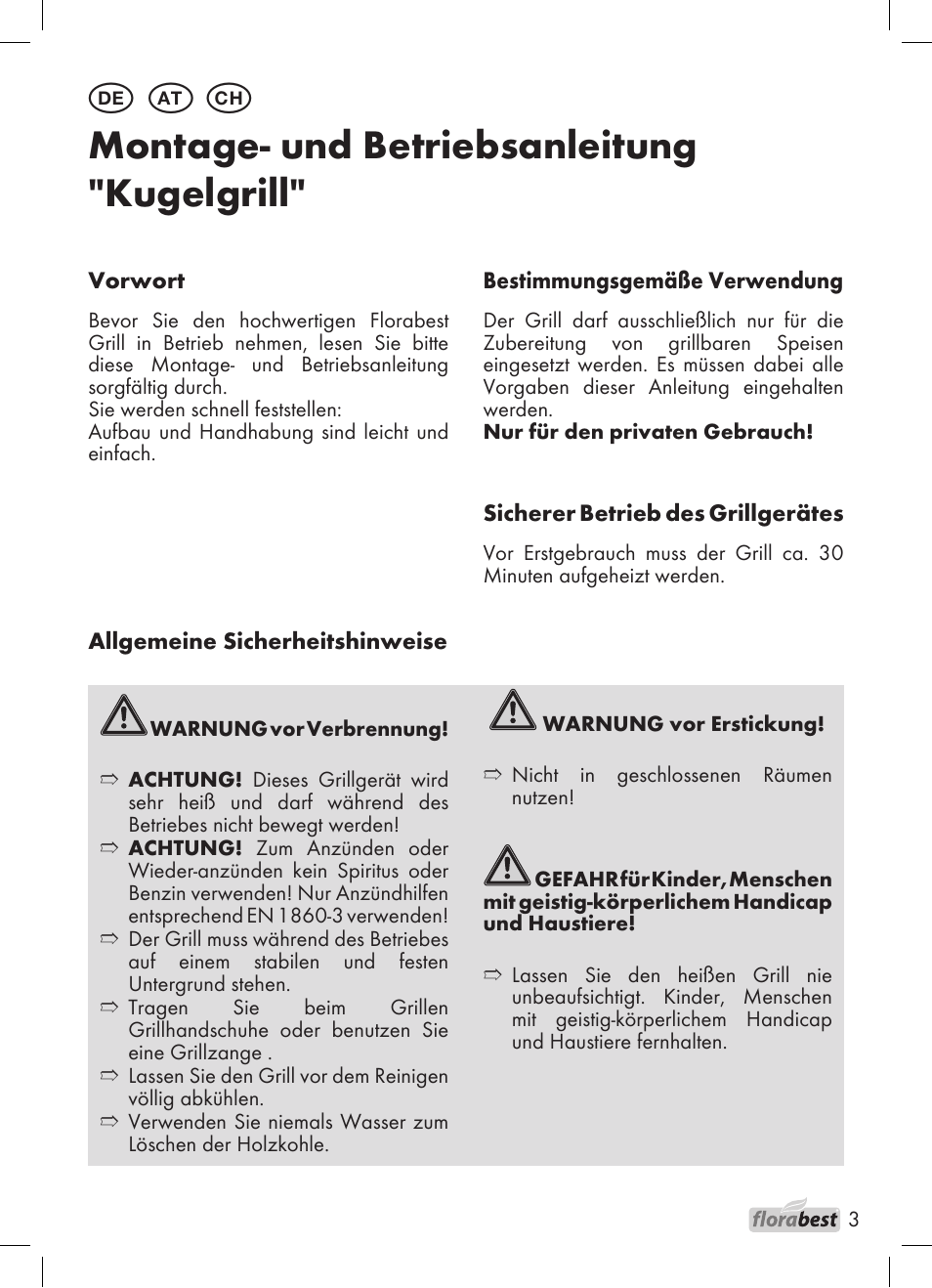 1de 1 at h, Montage- und betriebsanleitung "kugelgrill | Florabest 1226 User Manual | Page 3 / 44