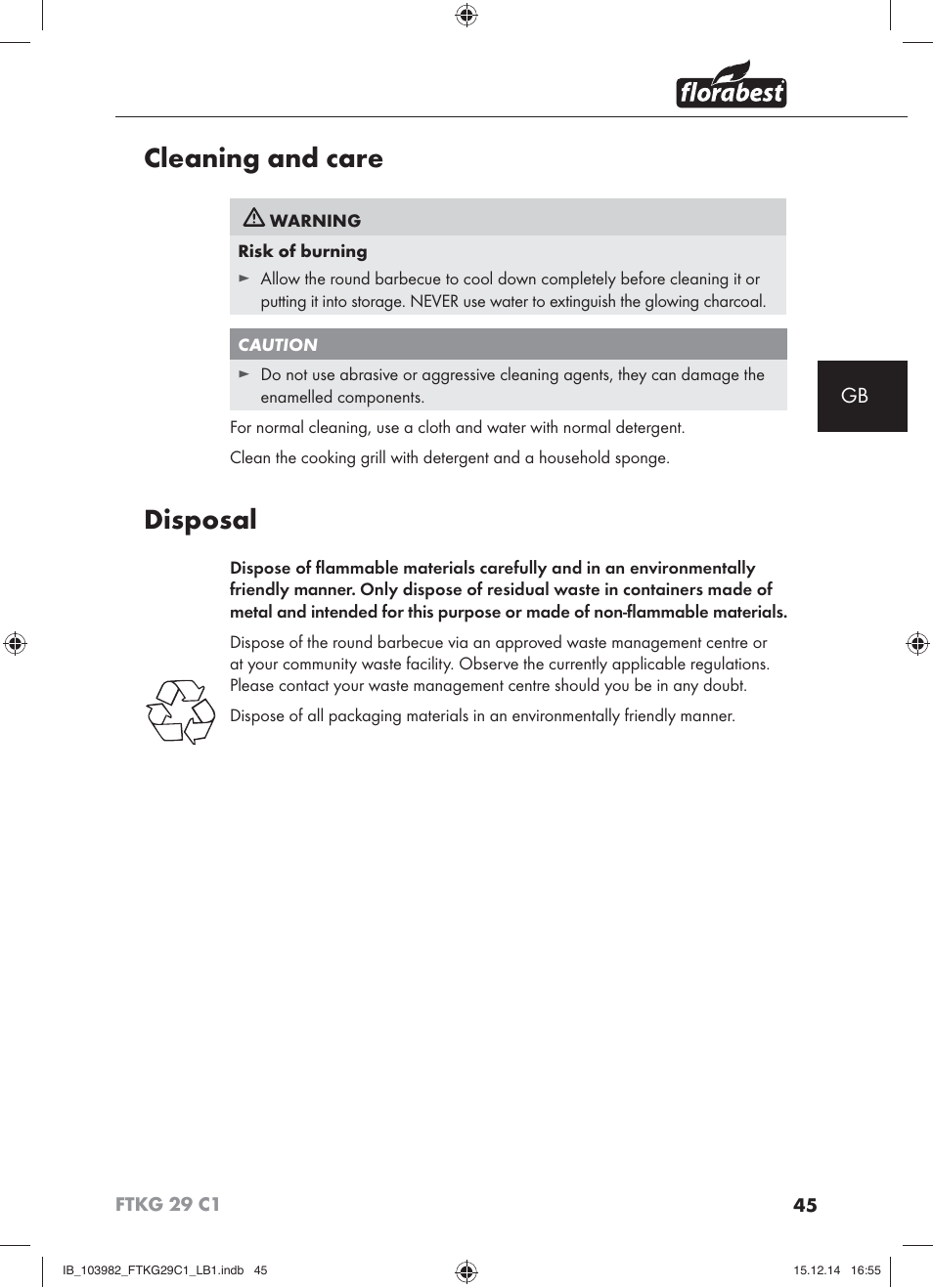 Cleaning and care, Disposal | Florabest FTKG 29 C1 User Manual | Page 48 / 51