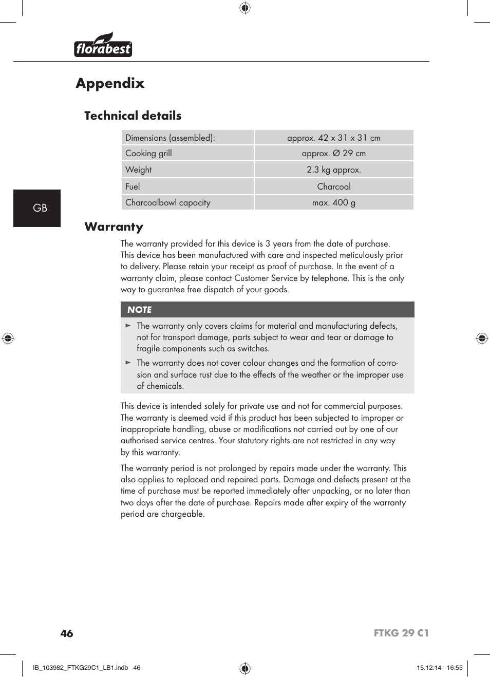 Appendix, Technical details, Warranty | Florabest FTKG 29 C1 User Manual | Page 49 / 51