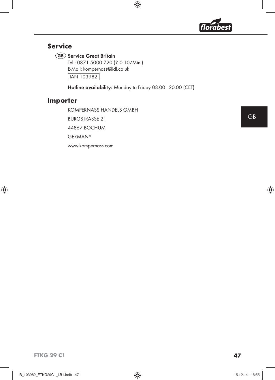 Service, Importer | Florabest FTKG 29 C1 User Manual | Page 50 / 51