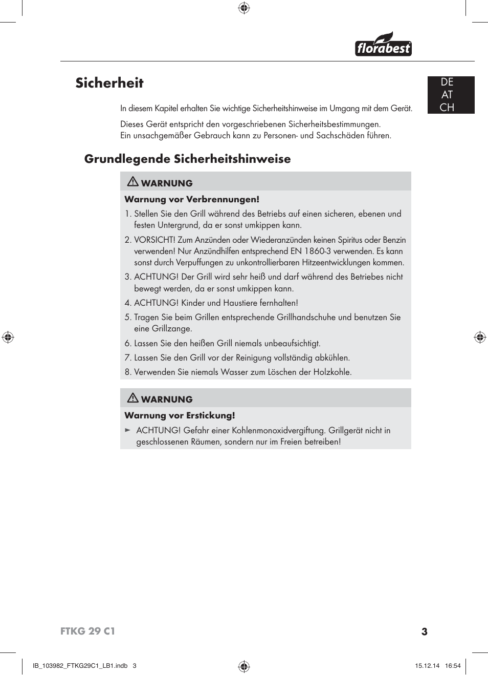 Sicherheit, Grundlegende sicherheitshinweise, De at ch | Florabest FTKG 29 C1 User Manual | Page 6 / 51