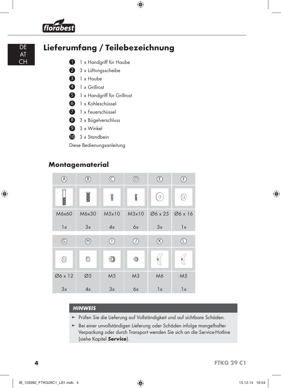 Lieferumfang / teilebezeichnung, Montagematerial, De at ch | Florabest FTKG 29 C1 User Manual | Page 7 / 51