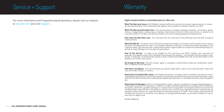 Service + support, Warranty | DLO TransDock Direct User Manual | Page 7 / 9