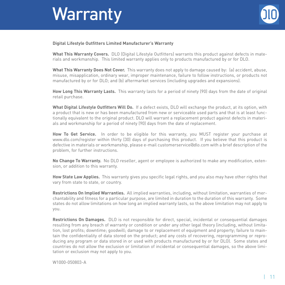 Warranty | DLO M73000-050812-B User Manual | Page 11 / 14