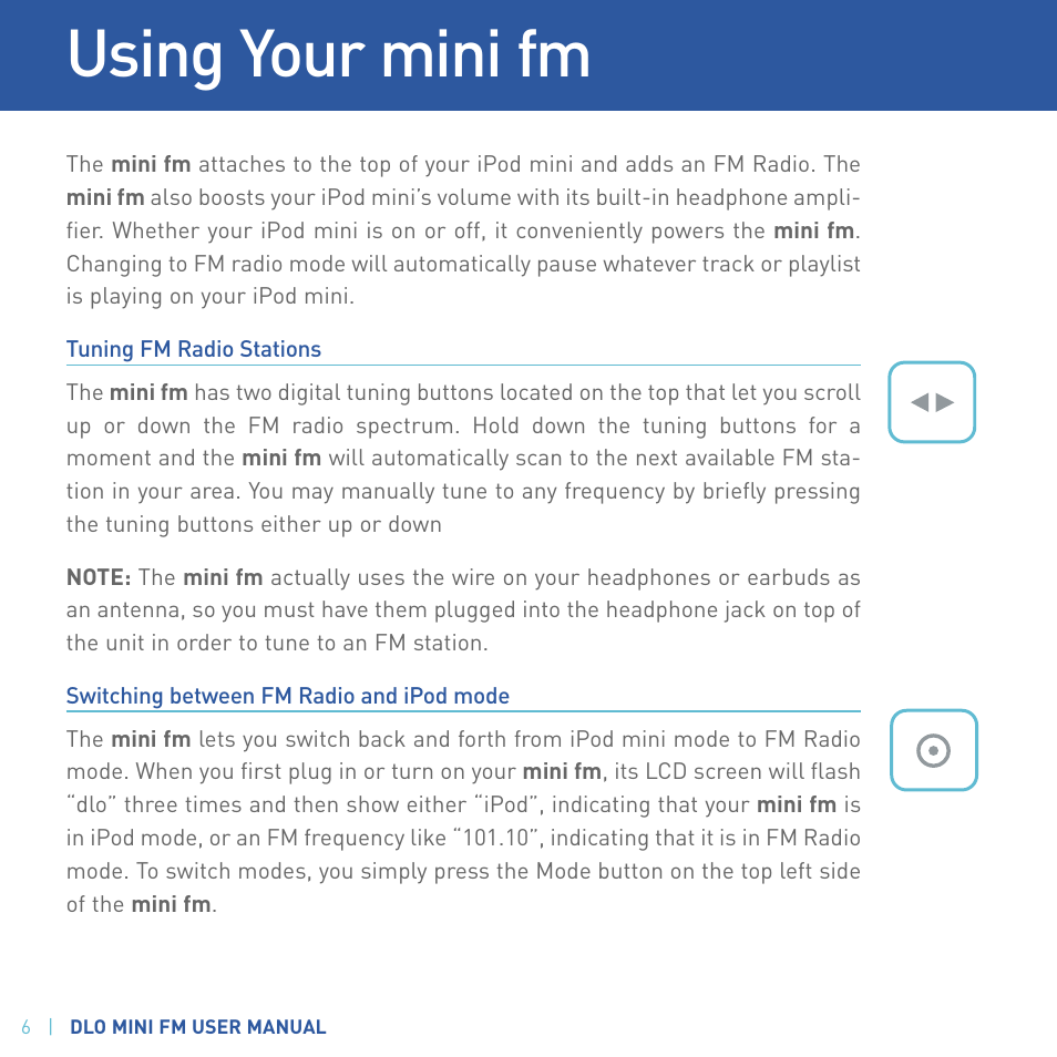 Using your mini fm | DLO M73000-050812-B User Manual | Page 6 / 14