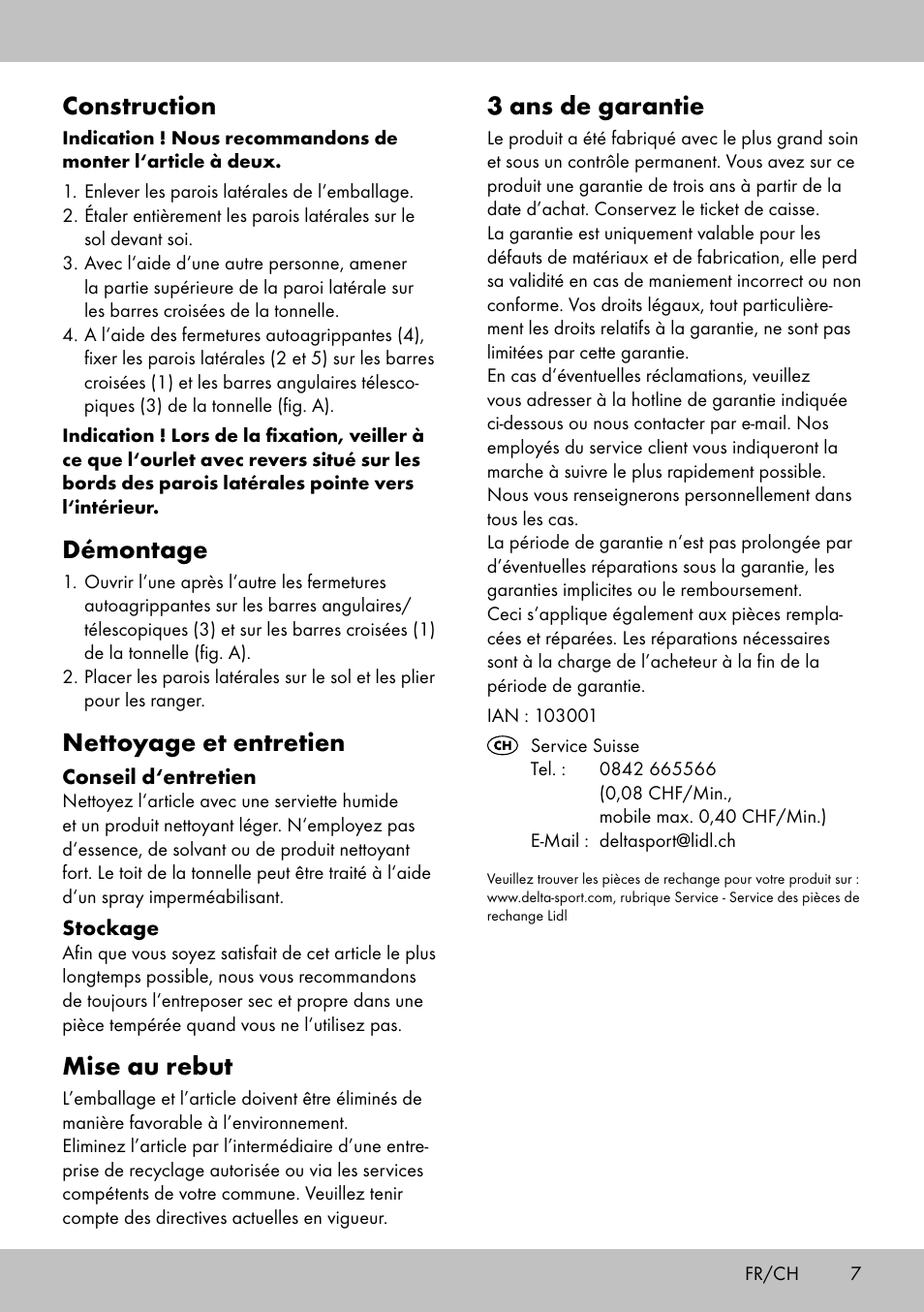 3 ans de garantie, Construction, Démontage | Nettoyage et entretien, Mise au rebut | Florabest SP-1798 User Manual | Page 7 / 12