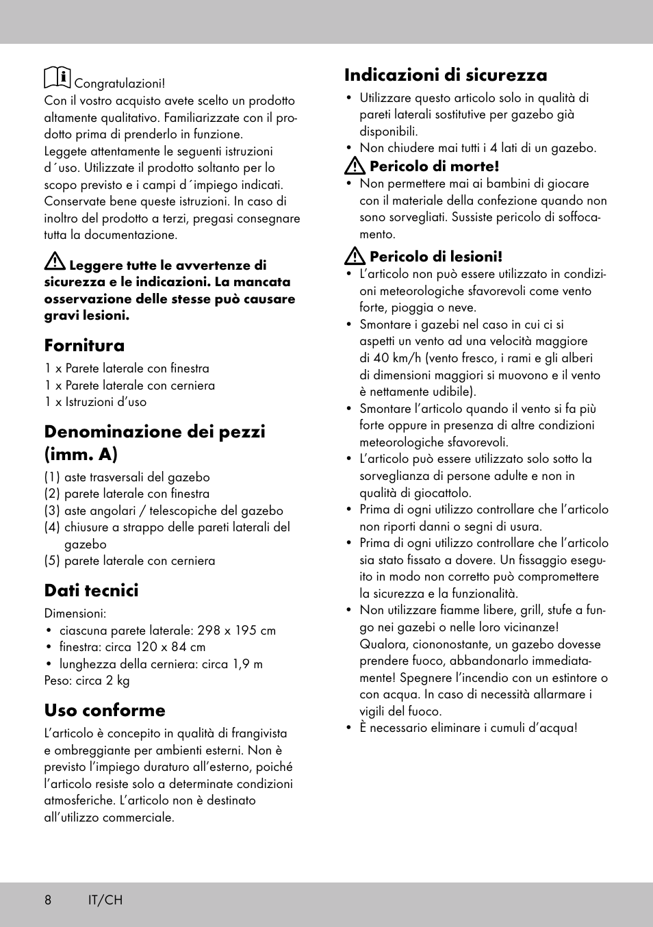 Fornitura, Denominazione dei pezzi (imm. a), Dati tecnici | Uso conforme, Indicazioni di sicurezza | Florabest SP-1798 User Manual | Page 8 / 12