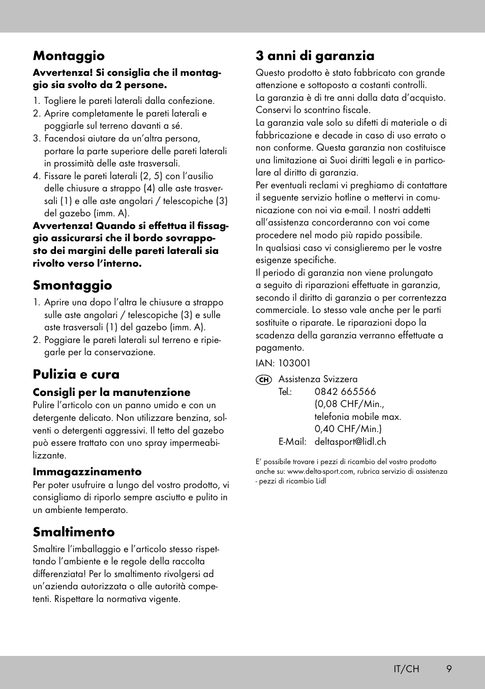3 anni di garanzia, Montaggio, Smontaggio | Pulizia e cura, Smaltimento | Florabest SP-1798 User Manual | Page 9 / 12