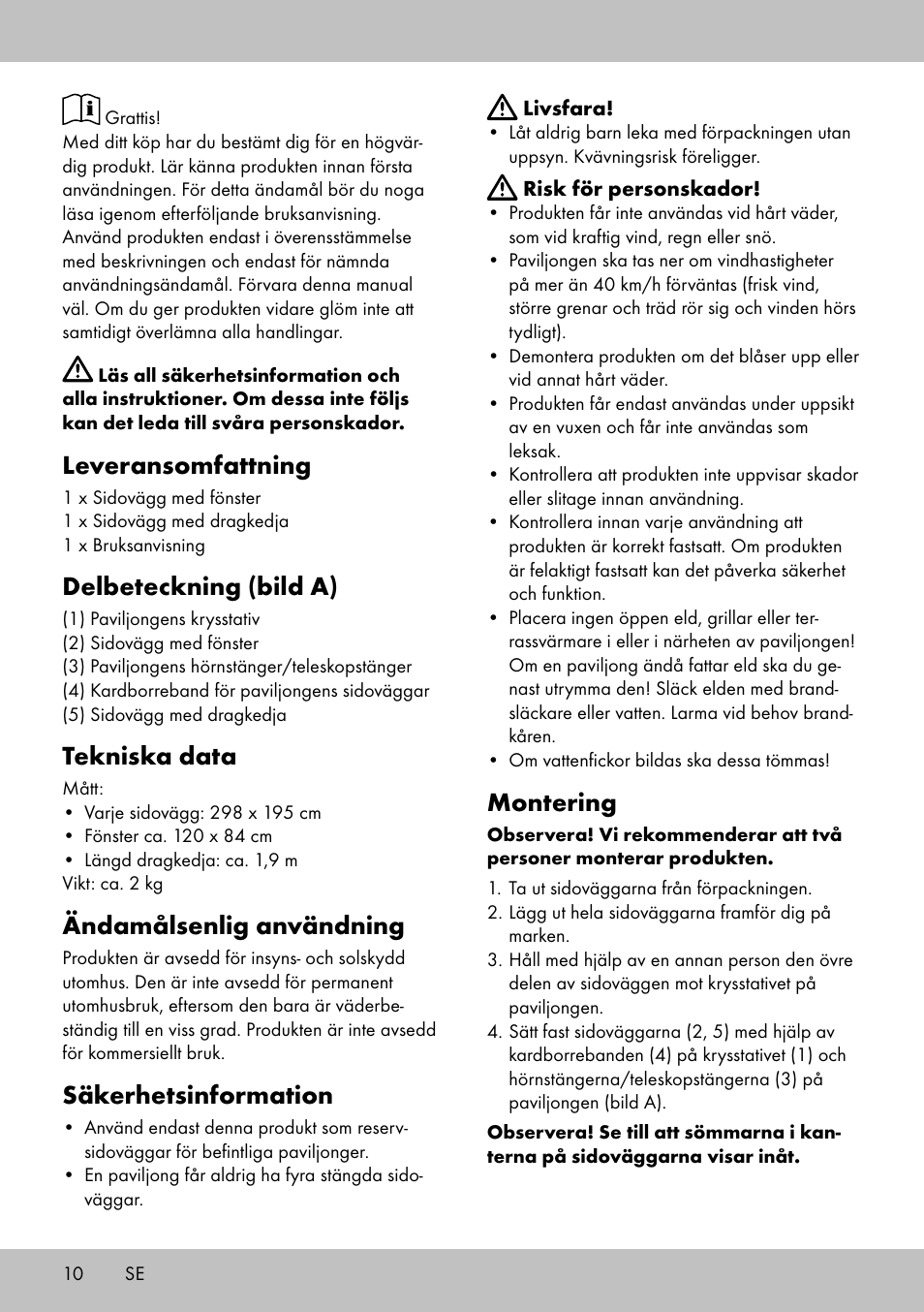 Leveransomfattning, Delbeteckning (bild a), Tekniska data | Ändamålsenlig användning, Säkerhetsinformation, Montering | Florabest SP-1798 User Manual | Page 10 / 20