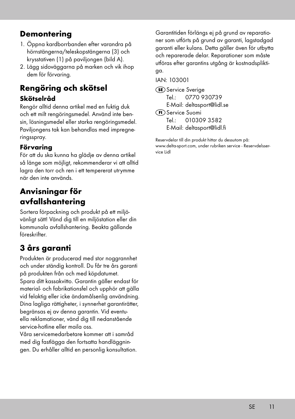 Demontering, Rengöring och skötsel, Anvisningar för avfallshantering | 3 års garanti | Florabest SP-1798 User Manual | Page 11 / 20