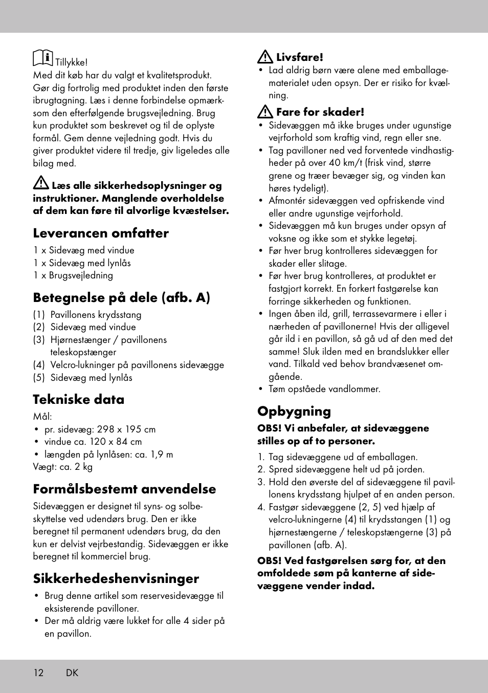 Leverancen omfatter, Betegnelse på dele (afb. a), Tekniske data | Formålsbestemt anvendelse, Sikkerhedeshenvisninger, Opbygning | Florabest SP-1798 User Manual | Page 12 / 20