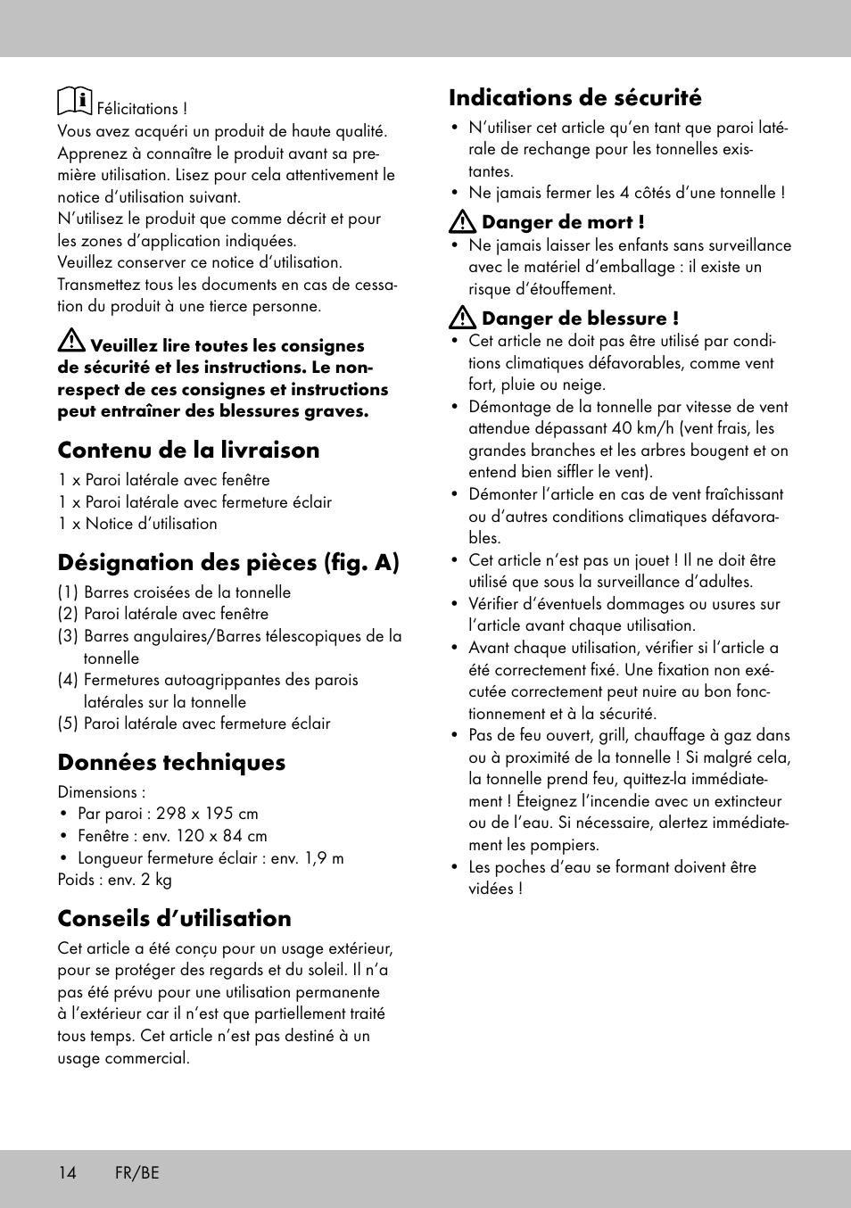Contenu de la livraison, Désignation des pièces (fig. a), Données techniques | Conseils d’utilisation, Indications de sécurité | Florabest SP-1798 User Manual | Page 14 / 20