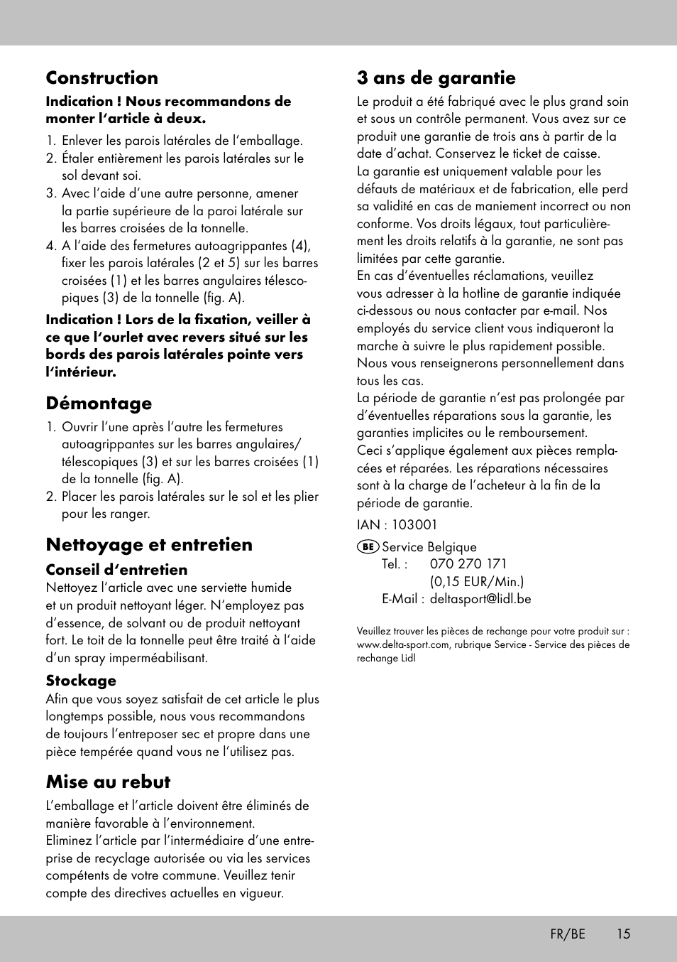 3 ans de garantie, Construction, Démontage | Nettoyage et entretien, Mise au rebut | Florabest SP-1798 User Manual | Page 15 / 20