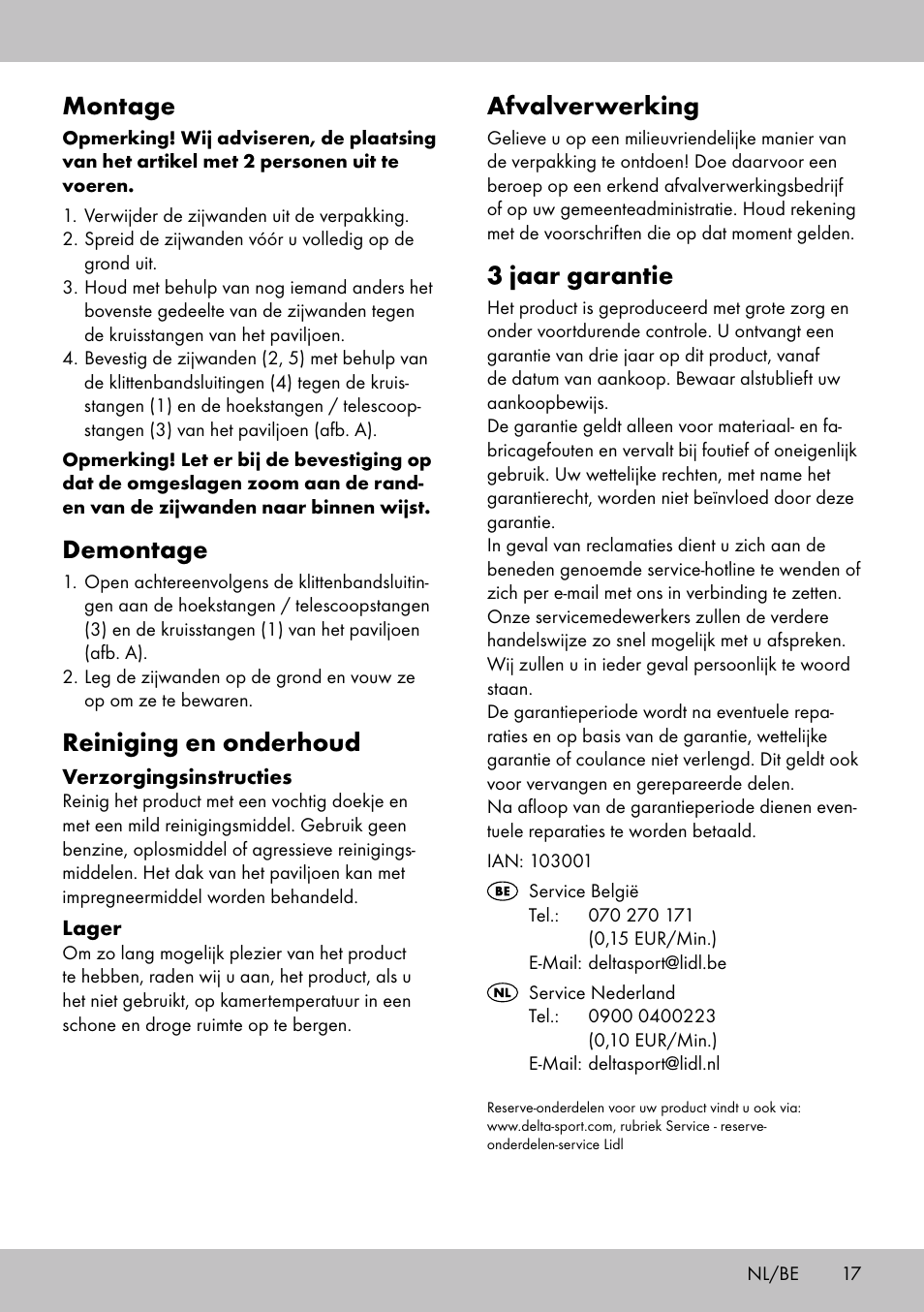 Afvalverwerking, 3 jaar garantie, Montage | Demontage, Reiniging en onderhoud | Florabest SP-1798 User Manual | Page 17 / 20