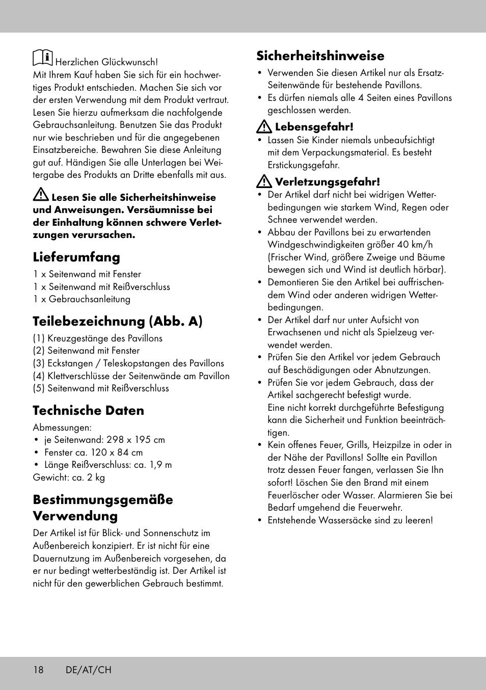 Lieferumfang, Teilebezeichnung (abb. a), Technische daten | Bestimmungsgemäße verwendung, Sicherheitshinweise | Florabest SP-1798 User Manual | Page 18 / 20