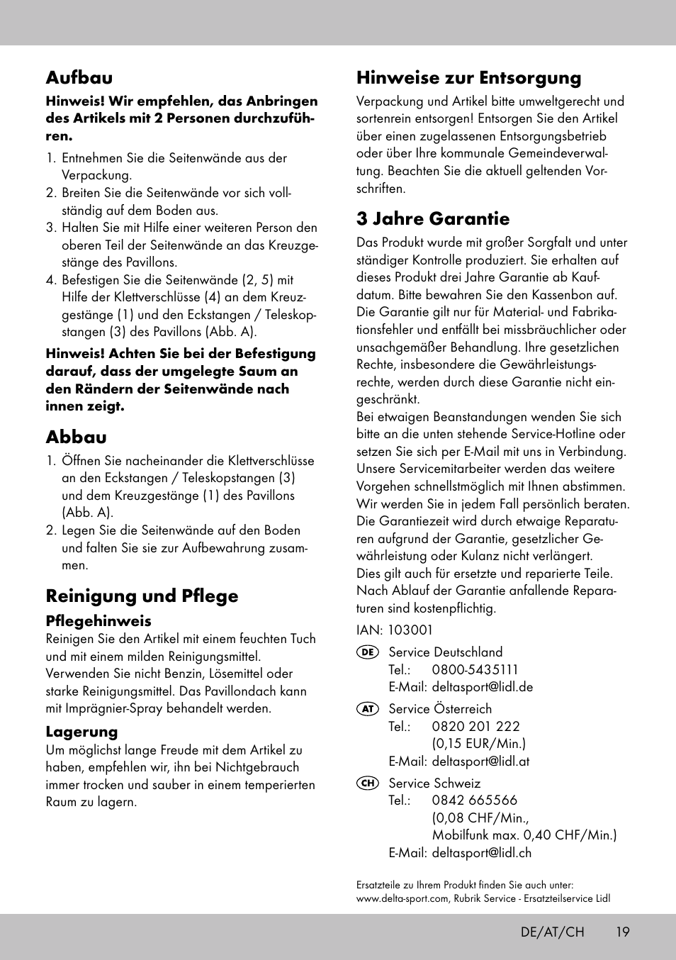 Hinweise zur entsorgung, 3 jahre garantie, Aufbau | Abbau, Reinigung und pflege | Florabest SP-1798 User Manual | Page 19 / 20