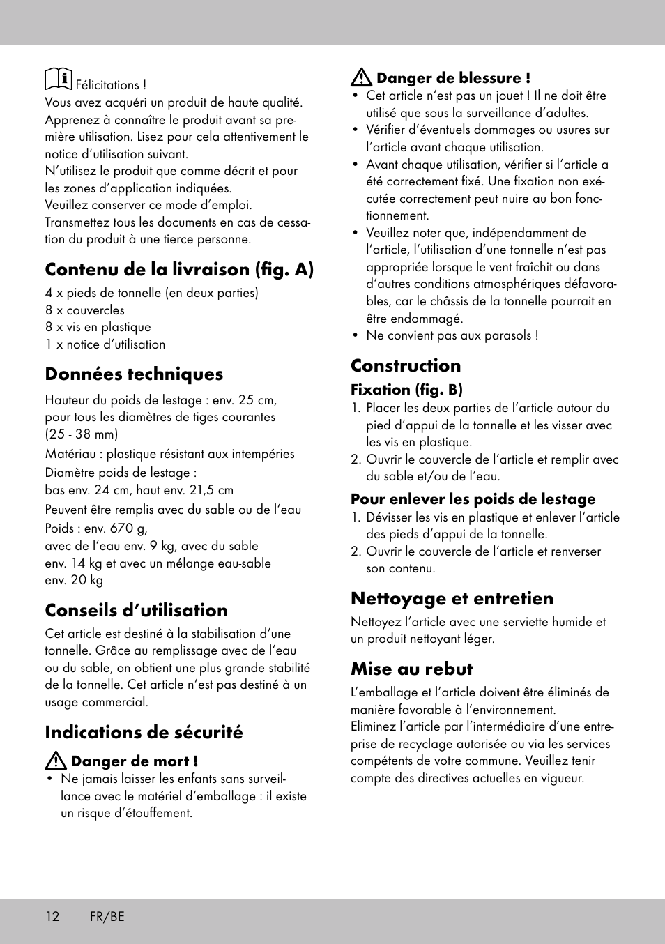 Contenu de la livraison (fig. a), Données techniques, Conseils d’utilisation | Indications de sécurité, Construction, Nettoyage et entretien, Mise au rebut | Florabest PS-1801 User Manual | Page 12 / 20