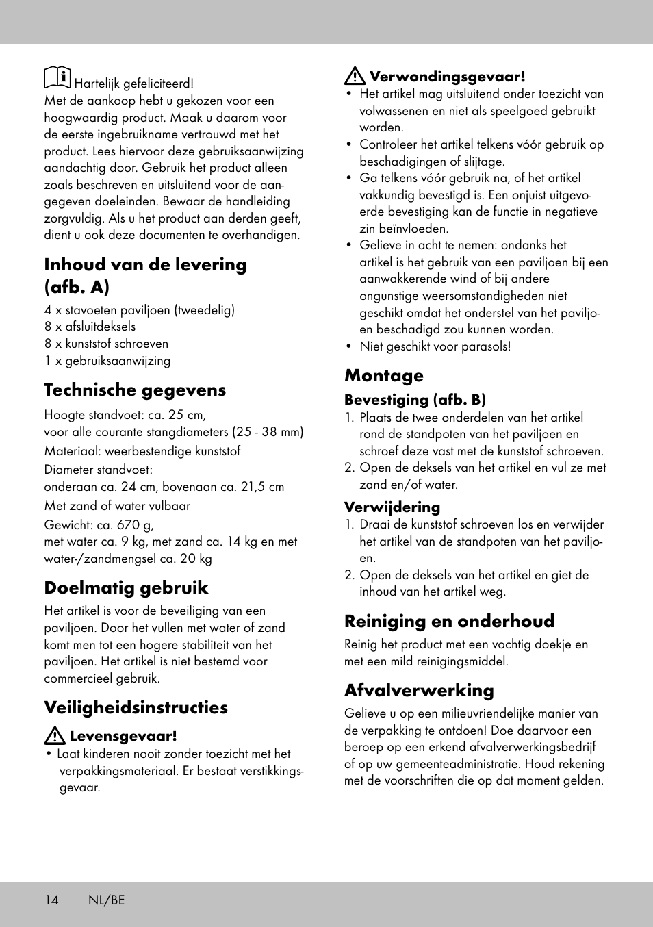 Inhoud van de levering (afb. a), Technische gegevens, Doelmatig gebruik | Veiligheidsinstructies, Montage, Reiniging en onderhoud, Afvalverwerking | Florabest PS-1801 User Manual | Page 14 / 20