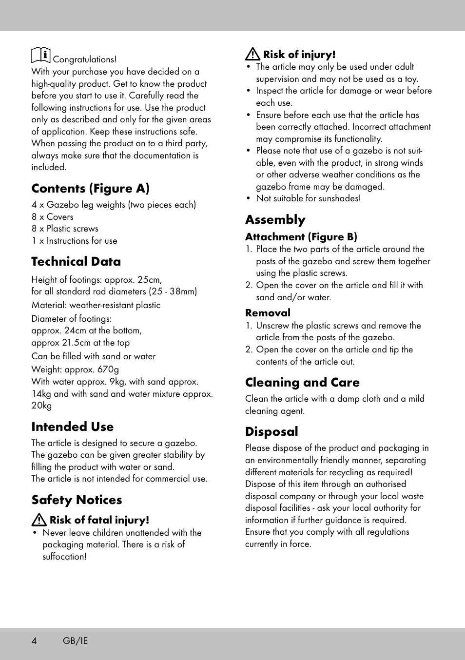 Contents (figure a), Technical data, Intended use | Safety notices, Assembly, Cleaning and care, Disposal | Florabest PS-1801 User Manual | Page 4 / 20