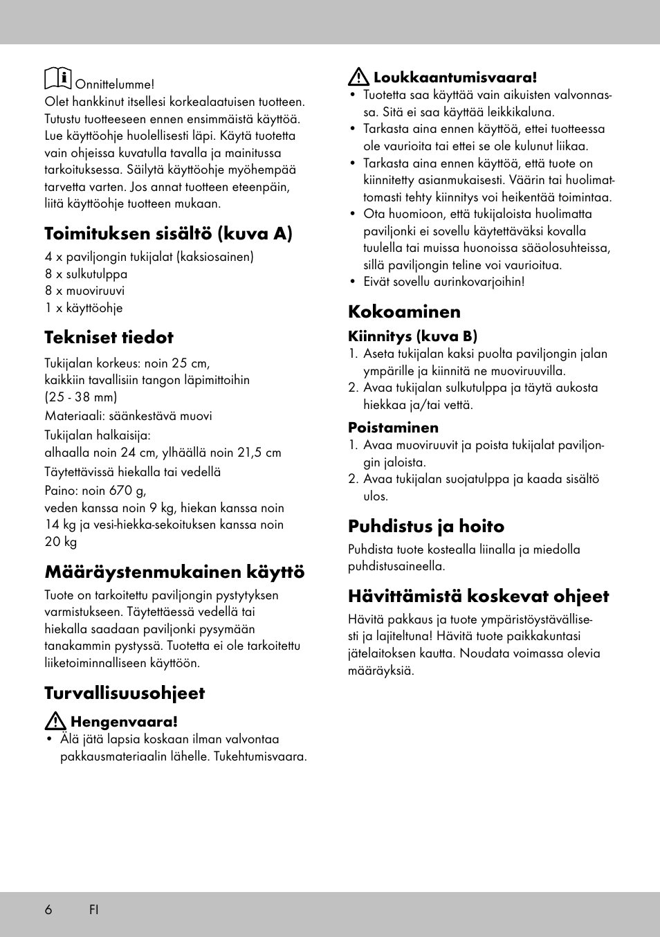 Toimituksen sisältö (kuva a), Tekniset tiedot, Määräystenmukainen käyttö | Turvallisuusohjeet, Kokoaminen, Puhdistus ja hoito, Hävittämistä koskevat ohjeet | Florabest PS-1801 User Manual | Page 6 / 20