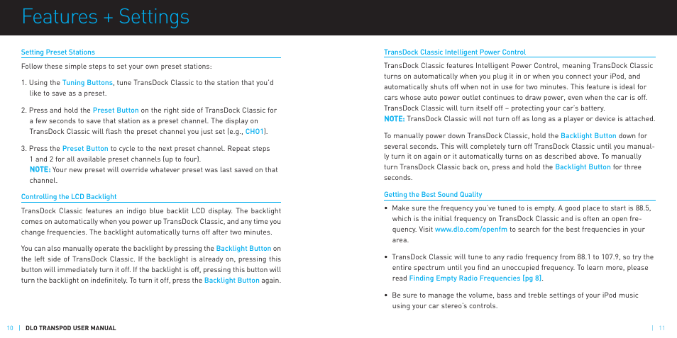 Features + settings | DLO TransDock Classic User Manual | Page 6 / 10