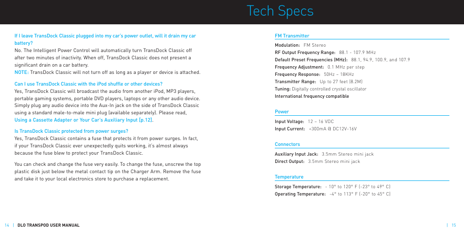 Tech specs | DLO TransDock Classic User Manual | Page 8 / 10