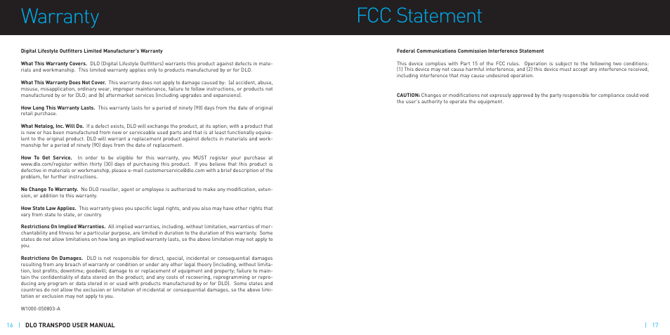 Fcc statement, Warranty | DLO TransDock Classic User Manual | Page 9 / 10