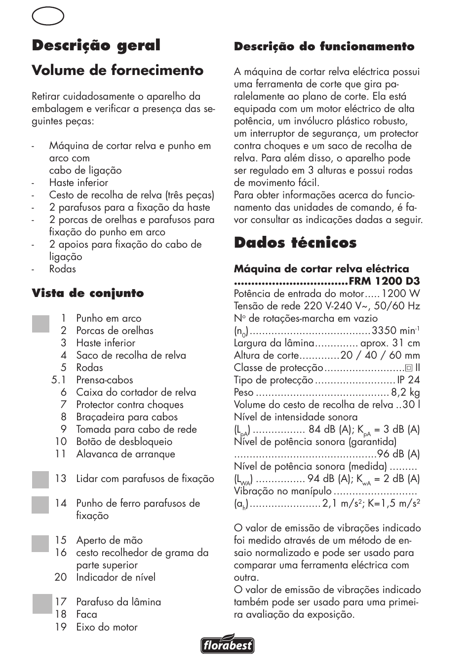 Dados técnicos, Descrição geral, Volume de fornecimento | Florabest FRM 1200 D3 User Manual | Page 18 / 64