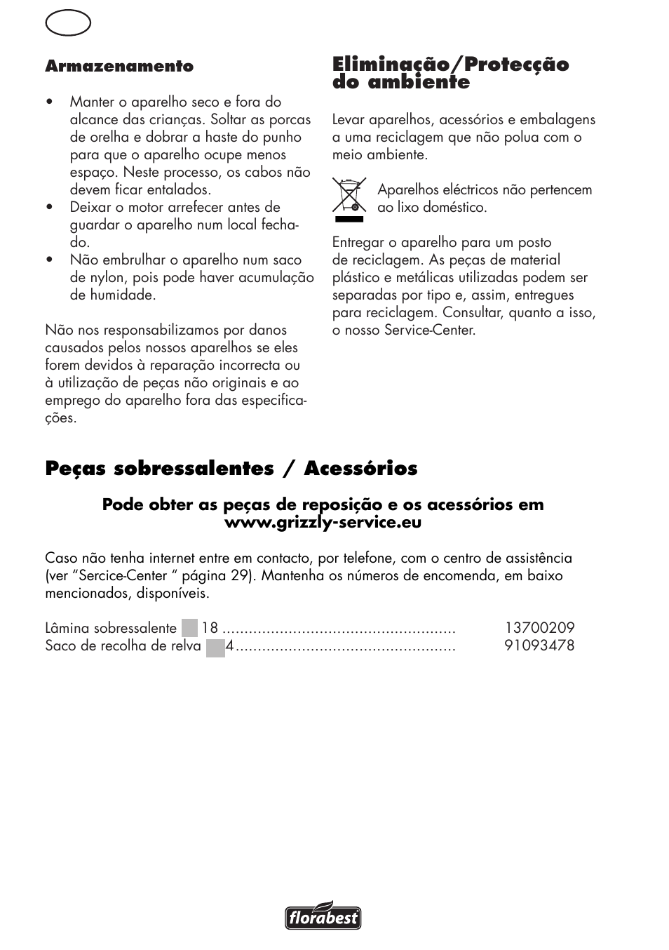 Eliminação/protecção do ambiente, Peças sobressalentes / acessórios | Florabest FRM 1200 D3 User Manual | Page 26 / 64