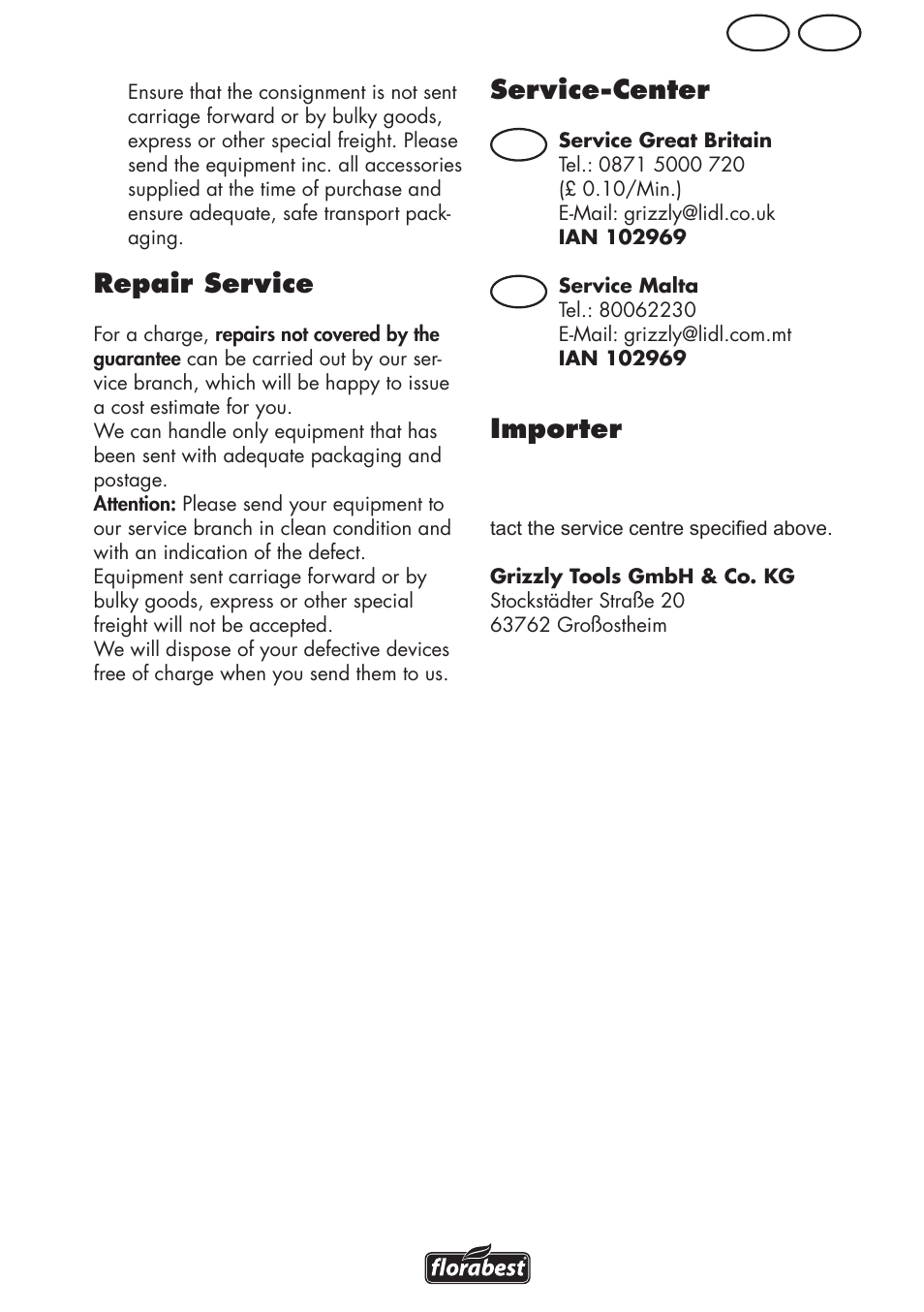 Mt gb, Repair service, Service-center | Importer, Gb mt | Florabest FRM 1200 D3 User Manual | Page 41 / 64