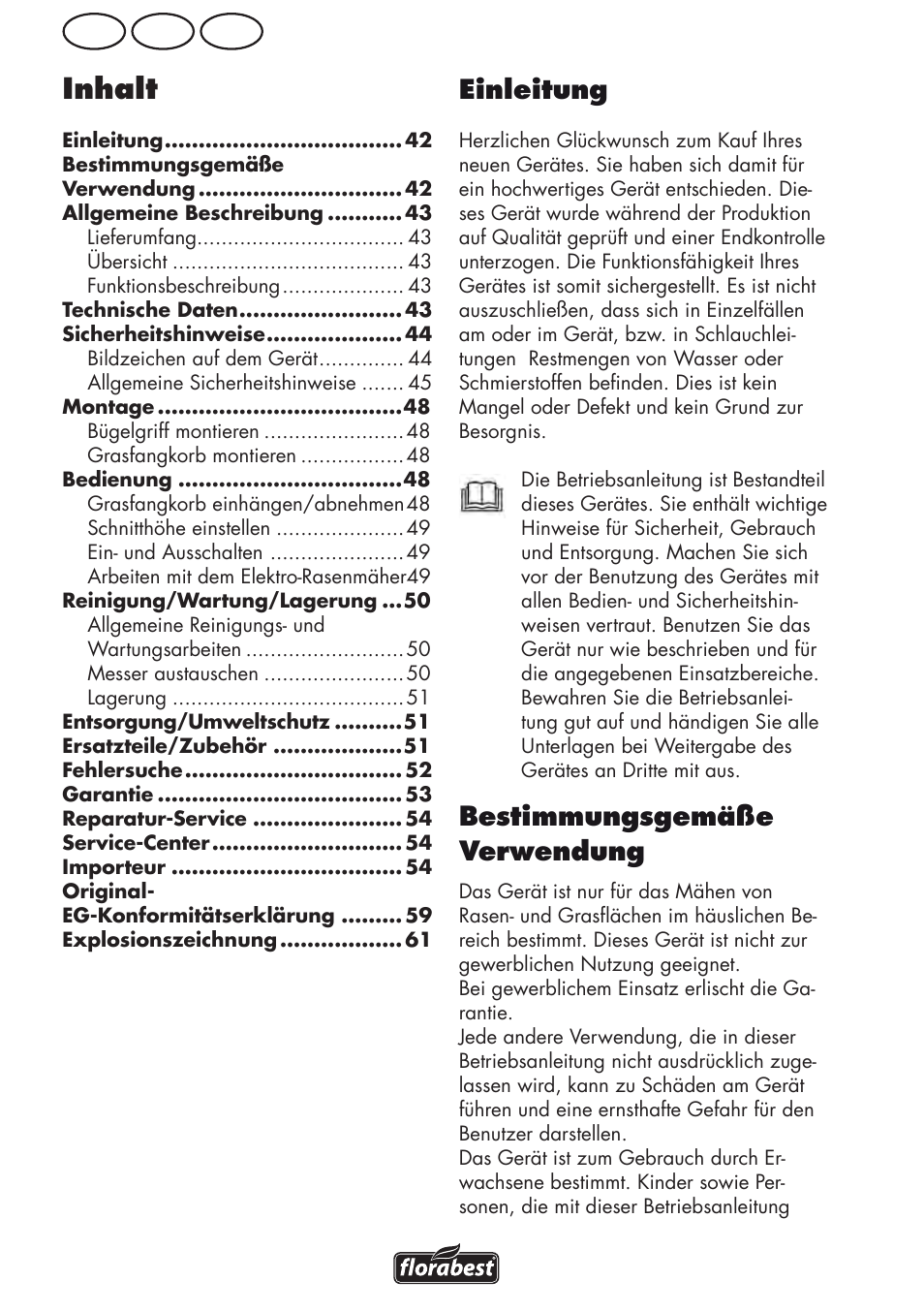 Inhalt, De at ch, Einleitung | Bestimmungsgemäße verwendung | Florabest FRM 1200 D3 User Manual | Page 42 / 64