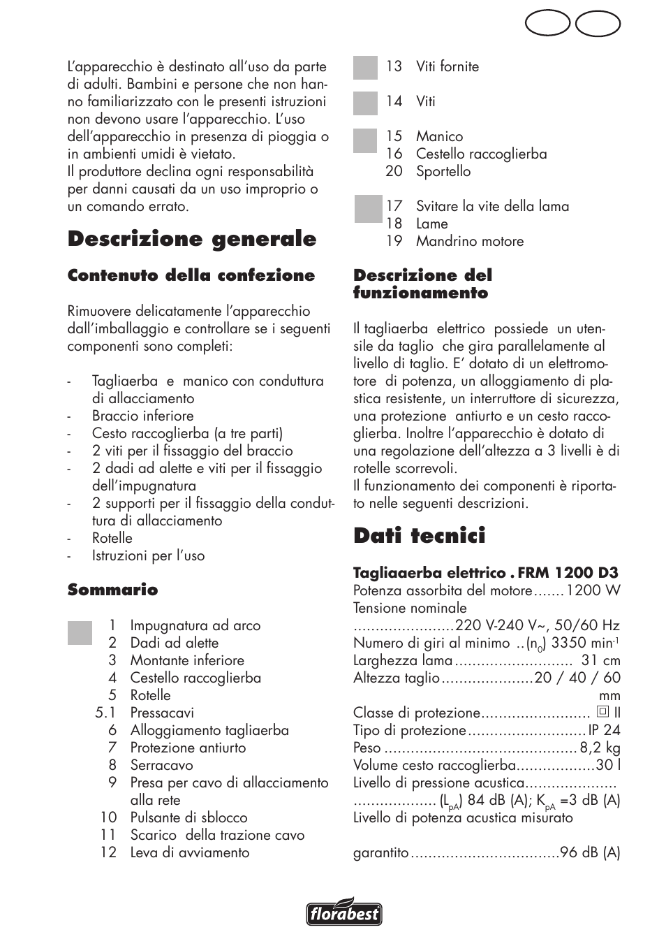 Descrizione generale, Dati tecnici, Mt it | Florabest FRM 1200 D3 User Manual | Page 5 / 64