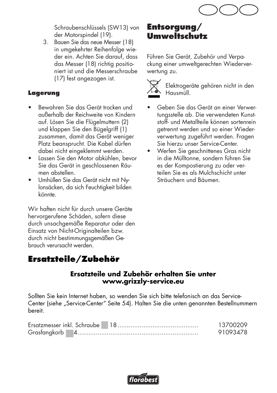 Ch at de, Entsorgung/ umweltschutz, Ersatzteile/zubehör | Florabest FRM 1200 D3 User Manual | Page 51 / 64