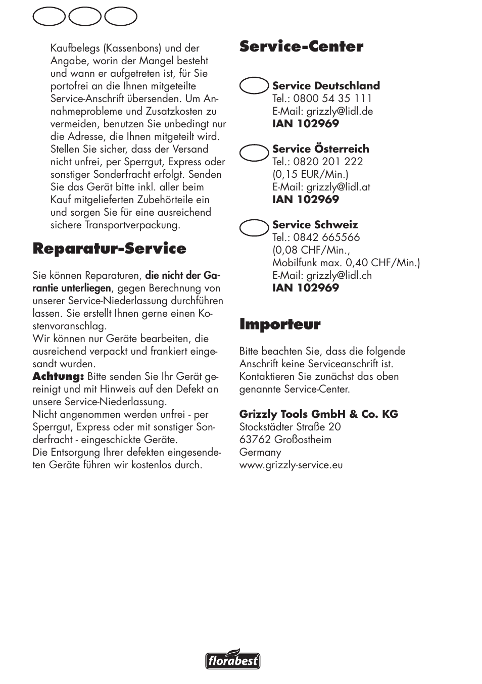 Reparatur-service, Service-center, Importeur | De at ch, At ch | Florabest FRM 1200 D3 User Manual | Page 54 / 64