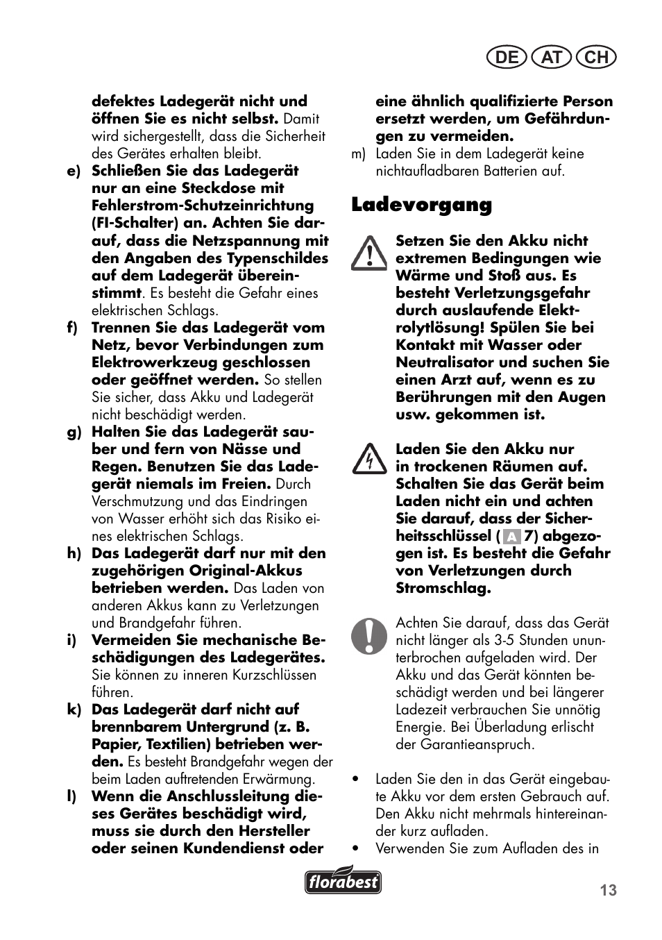 Ladevorgang, De at ch | Florabest FGS 3.6 A1 User Manual | Page 13 / 80