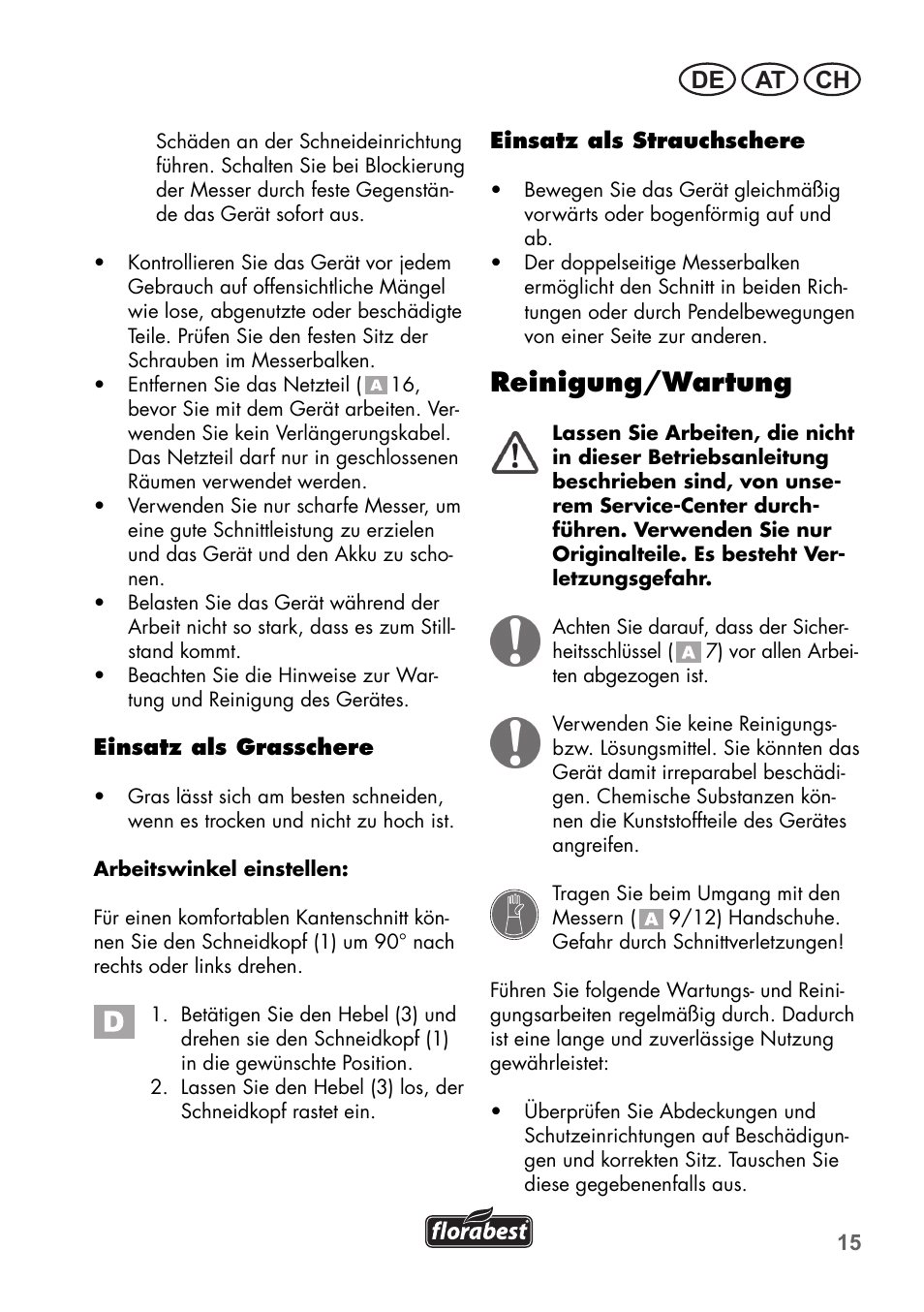 Reinigung/wartung, De at ch | Florabest FGS 3.6 A1 User Manual | Page 15 / 80