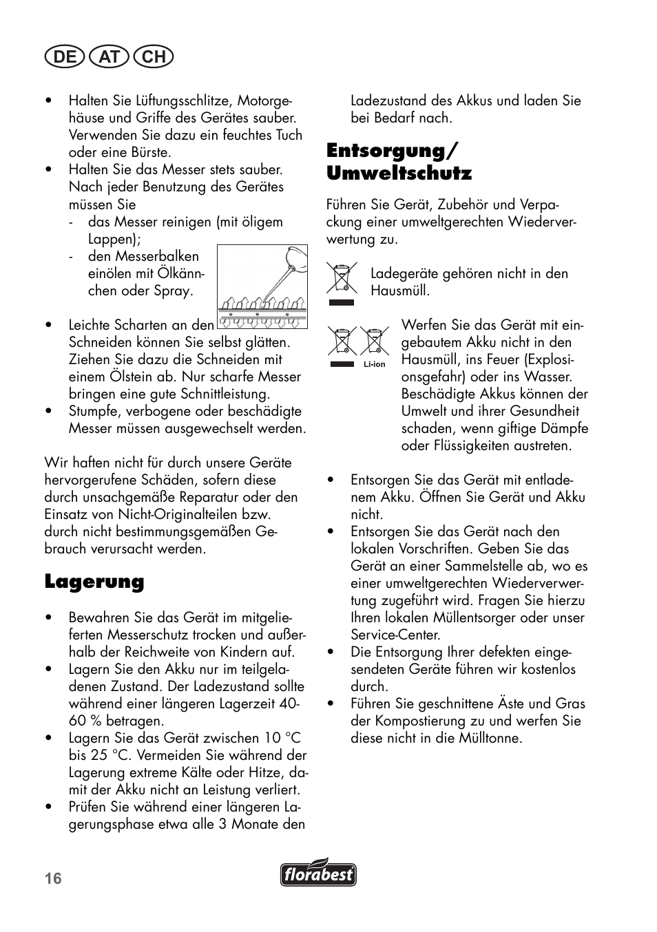 Lagerung, Entsorgung/ umweltschutz, De at ch | Florabest FGS 3.6 A1 User Manual | Page 16 / 80