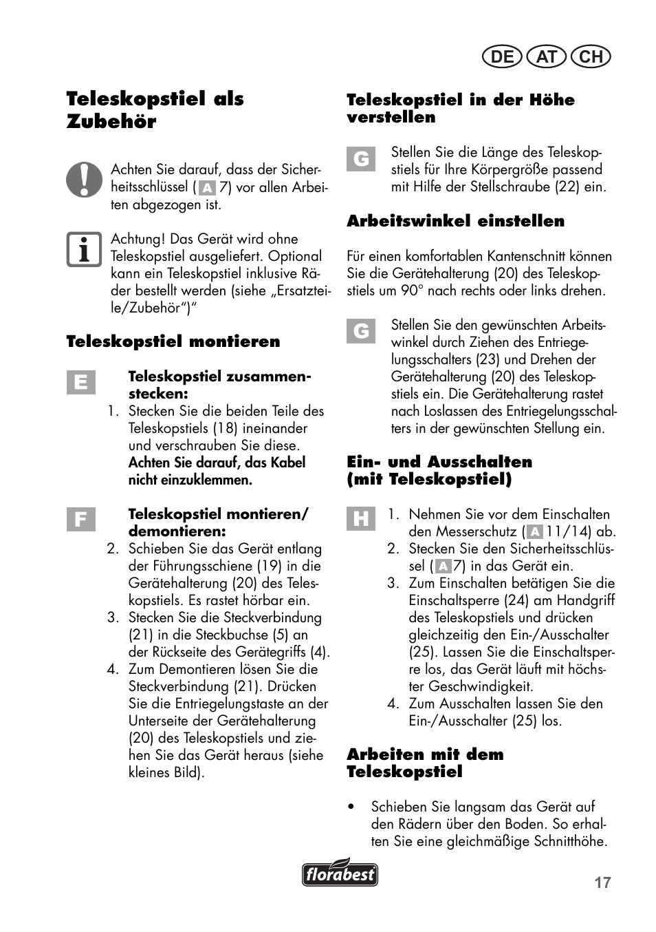 Teleskopstiel als zubehör, De at ch | Florabest FGS 3.6 A1 User Manual | Page 17 / 80