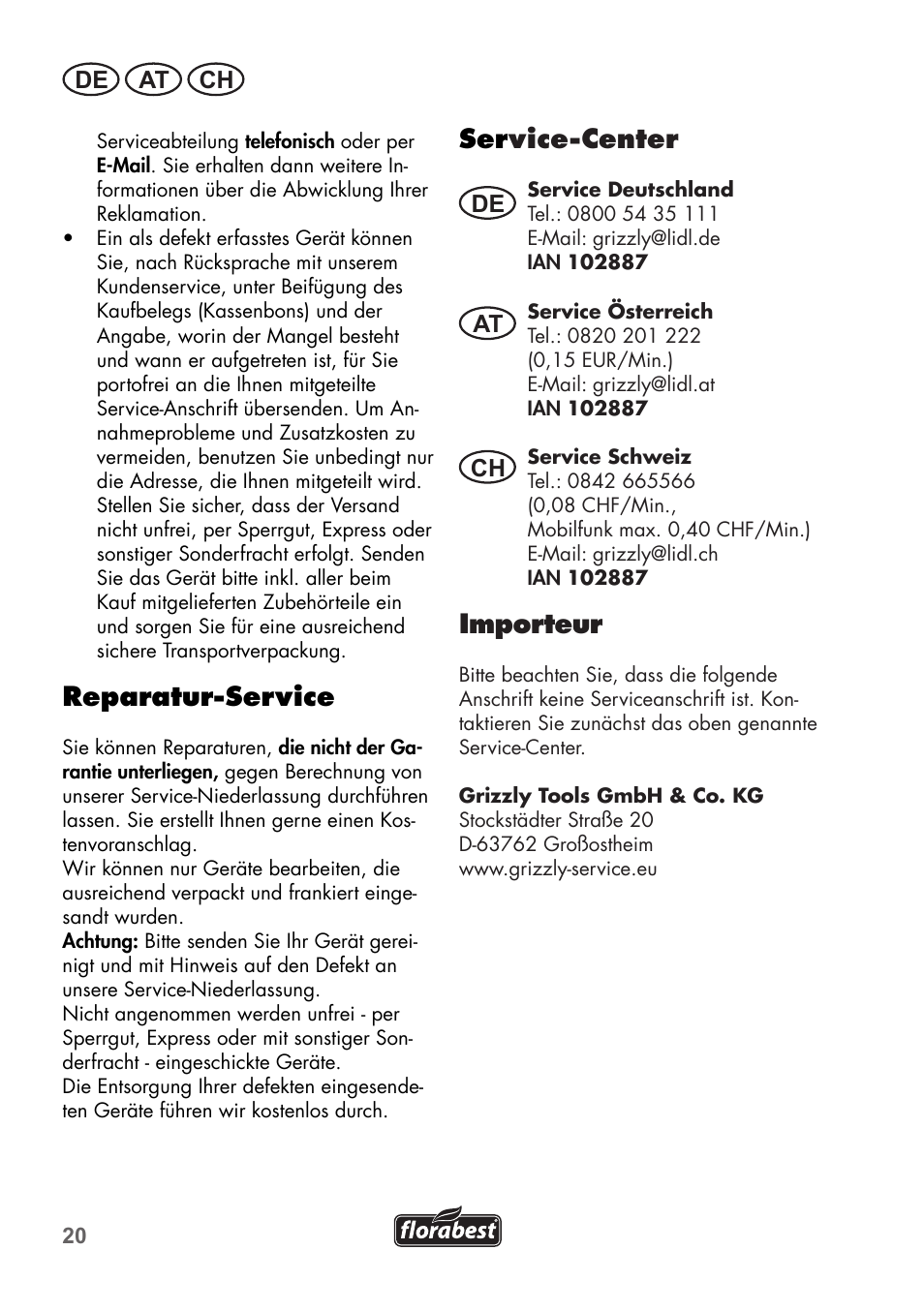 Reparatur-service, Ser vice-center, Importeur | De at ch | Florabest FGS 3.6 A1 User Manual | Page 20 / 80